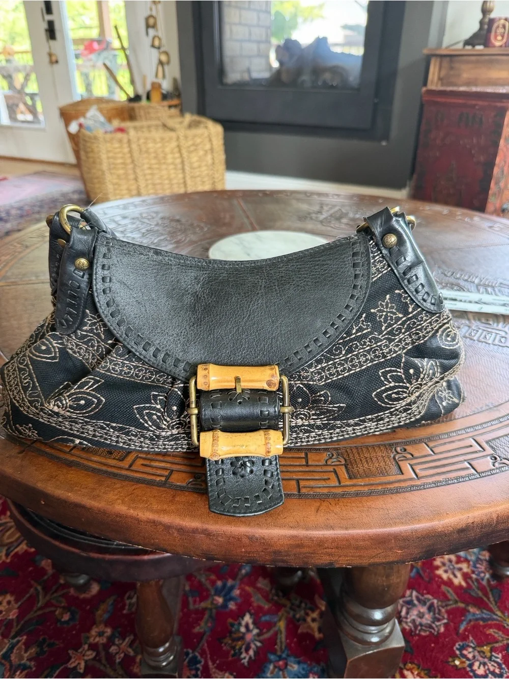 Kate Landry Black lotus flower Shoulder Bag with Gold Bamboo Accent